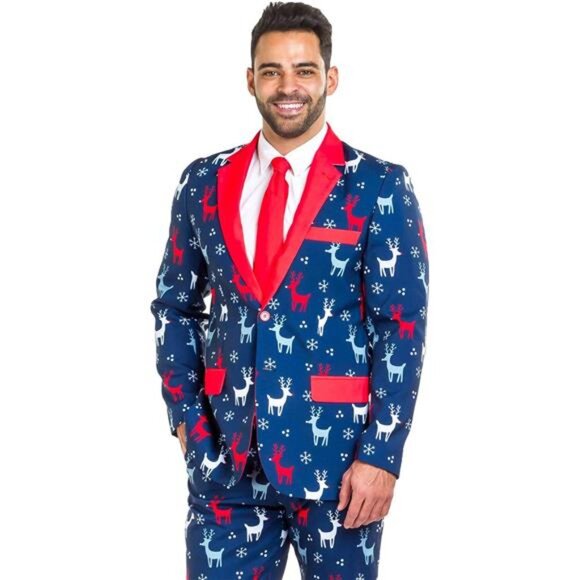 Men's Ugly Christmas Blue Sweater Inspired Holiday Suit Jacket Blazer Xmas Party - Picture 1 of 7